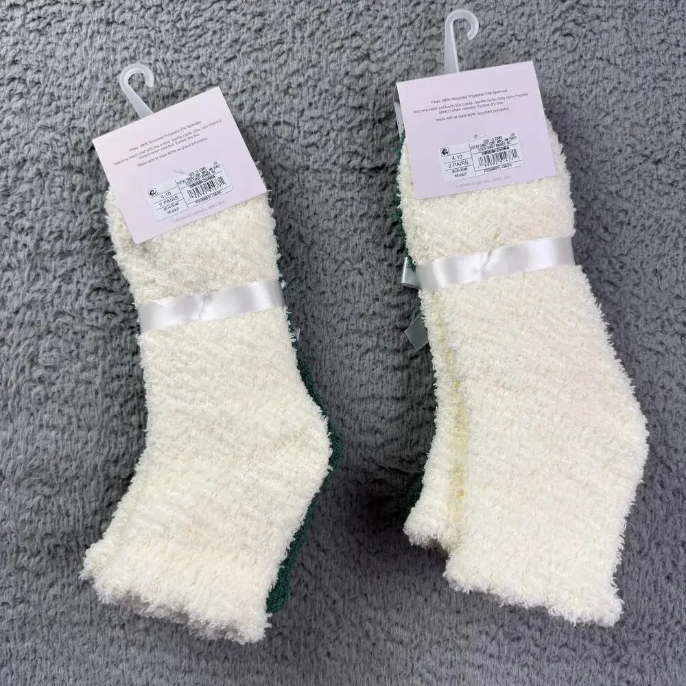 Lot Of 2 -Auden Cozy Super Soft Ankle Socks Womens 4-10 Green Cream 4 Pairs